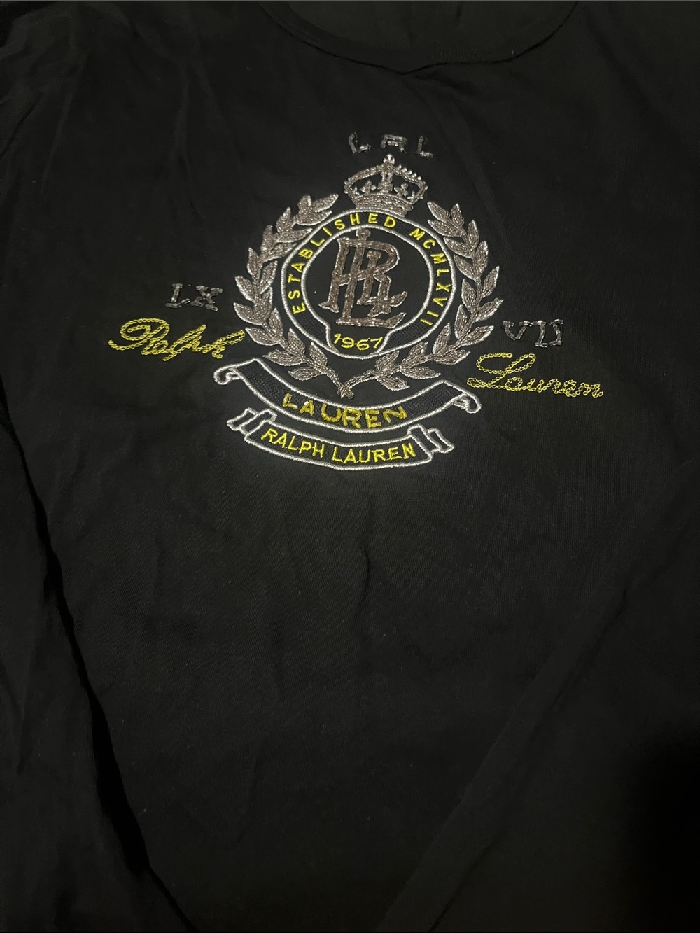 Ralph Lauren Black Long Sleeve Tee with Silver and Yellow Embroidered Crest